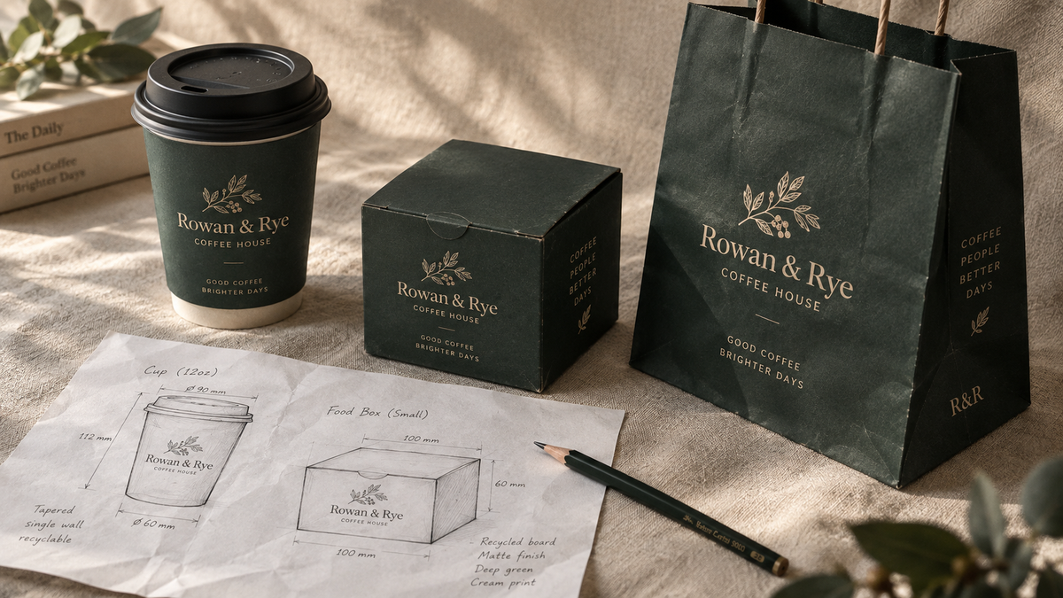 Rowan and Rye Coffee House branded packaging concept: cup, box and bag beside hand-drawn design sketches