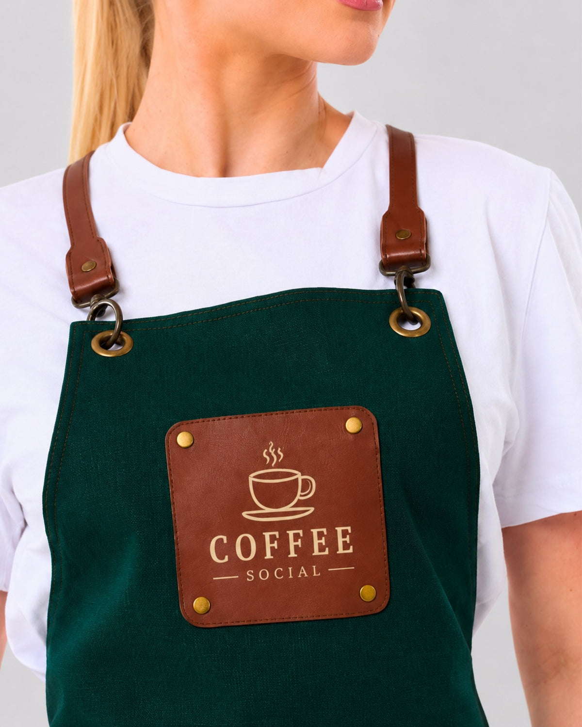 Custom branded victoria apron for cafés, restaurants and hospitality businesses – IF Brand Works (view 2)