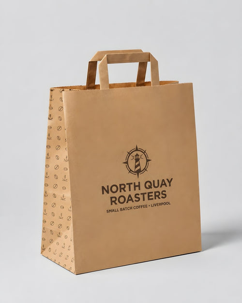 Custom branded brown flat handle paper bags for cafés, restaurants and hospitality businesses – IF Brand Works (view 2)