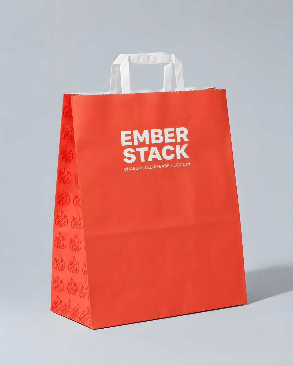 Custom branded white flat handle paper bags for cafés, restaurants and hospitality businesses – IF Brand Works (view 3)