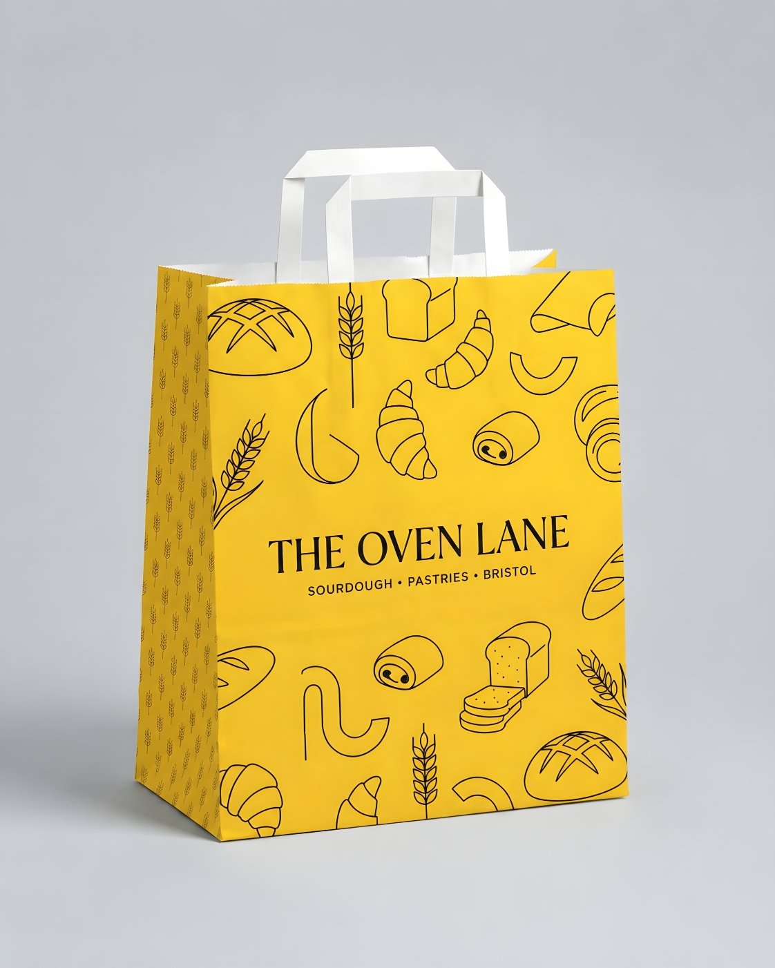 Custom branded white flat handle paper bags for cafés, restaurants and hospitality businesses – IF Brand Works (view 2)